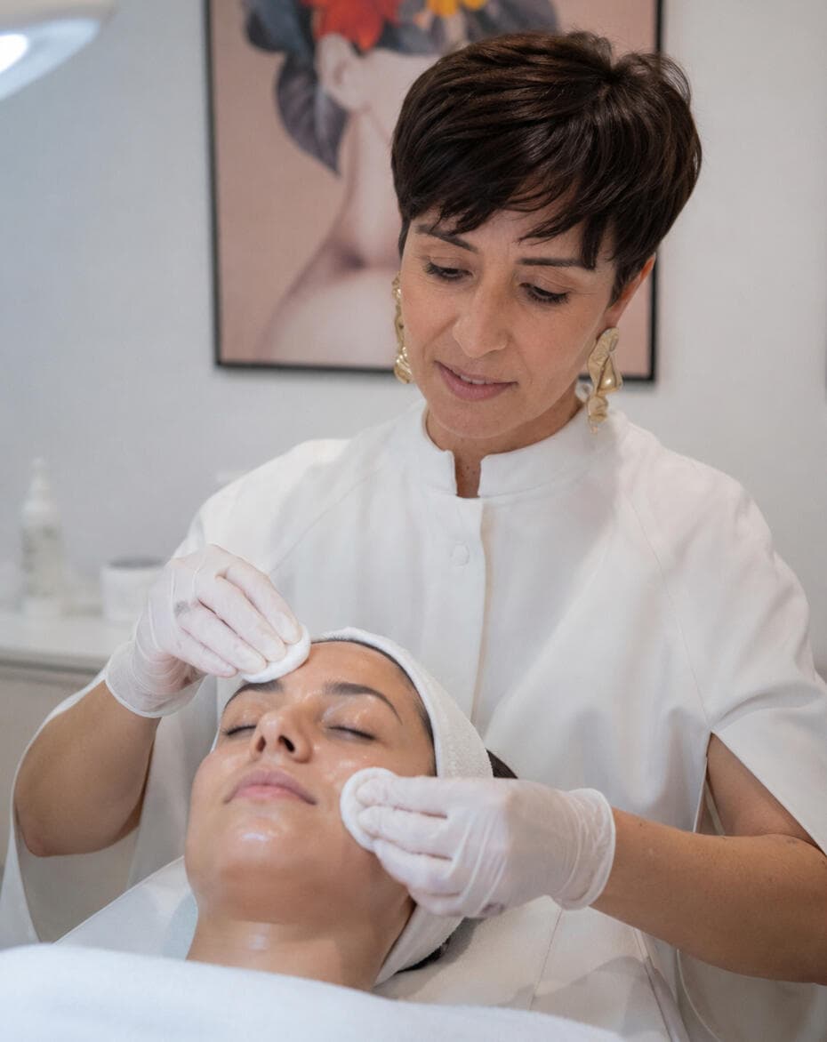 Carla Fiocchetti realizando limpeza de pele profissional em ambiente de estética